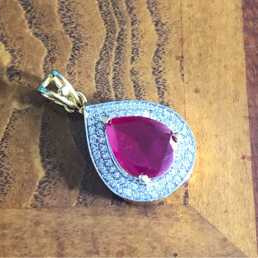 Teardrop natural oriental ruby cz halo gold vermeil pendant on chain necklace